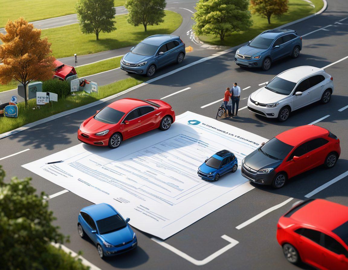 An artistic depiction of a colorful insurance policy document blending seamlessly with various vehicles like cars, trucks, and motorcycles. The scene showcases a reassuring advisor helping a customer with options, overlaid with symbols representing comprehensive coverage like shields and checkmarks. The background features a serene landscape symbolizing security and peace of mind. super-realistic. vibrant colors. 3D.