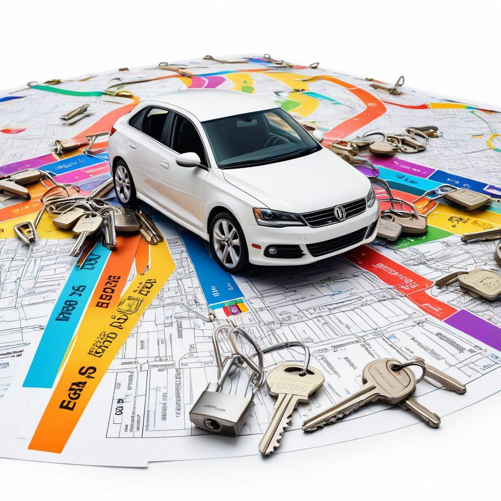 An open padlock surrounded by scattered car keys and insurance documents, symbolizing the unlocking of budget-friendly car insurance options. In the background, a colorful road map shows different routes leading to savings with dollar signs along the paths. Bright and engaging colors to capture attention and convey a sense of hope for affordable coverage. super-realistic. vibrant colors. white background.