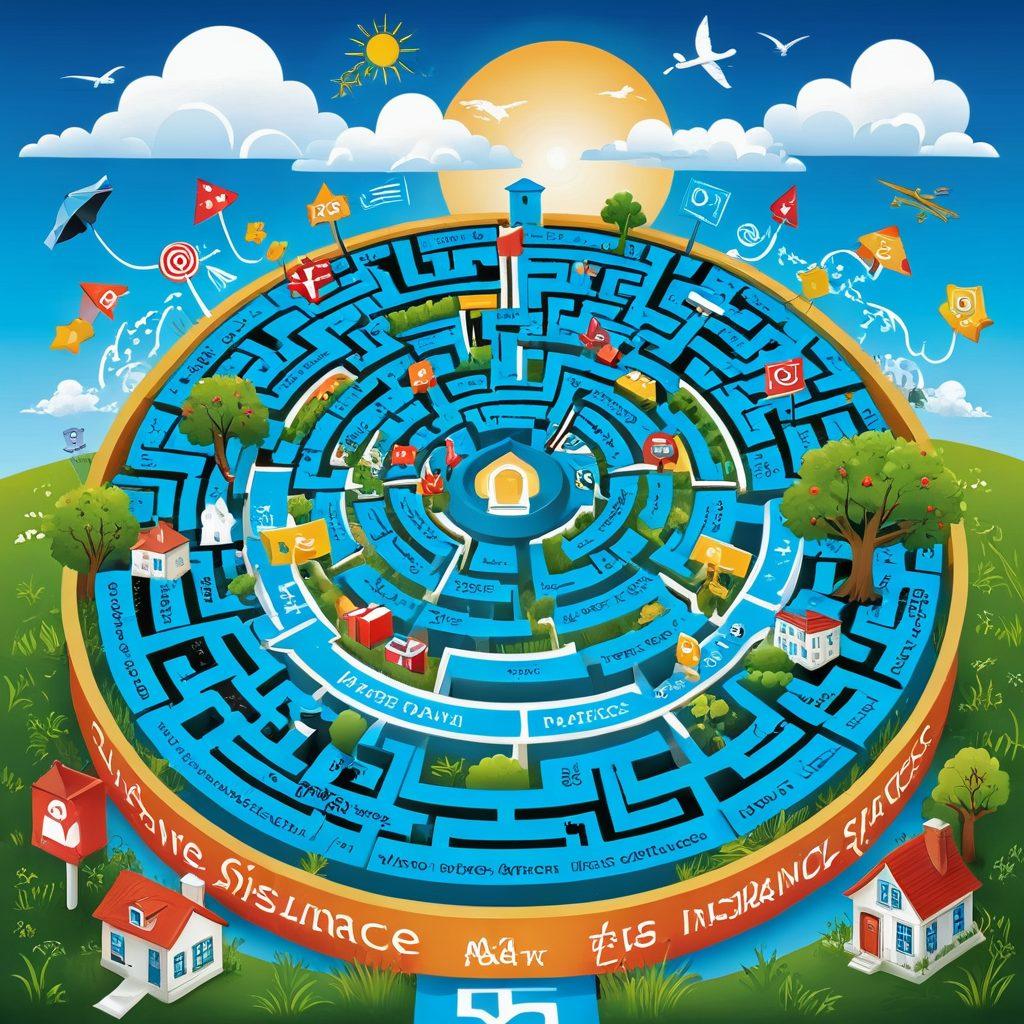 A whimsical maze design with various signposts indicating different insurance quotes, discounts, and budget tips. Include cheerful characters exploring the maze with magnifying glasses, looking at various colorful icons representing savings and insurance benefits. The background should be bright and inviting, with a sky blue color and fluffy clouds above. Ideal for engaging readers in a friendly manner. vibrant colors. vector art.